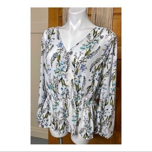 Worthington White & Blue Floral Balloon Sleeve V-Neck Boho Elastic Waist Blouse